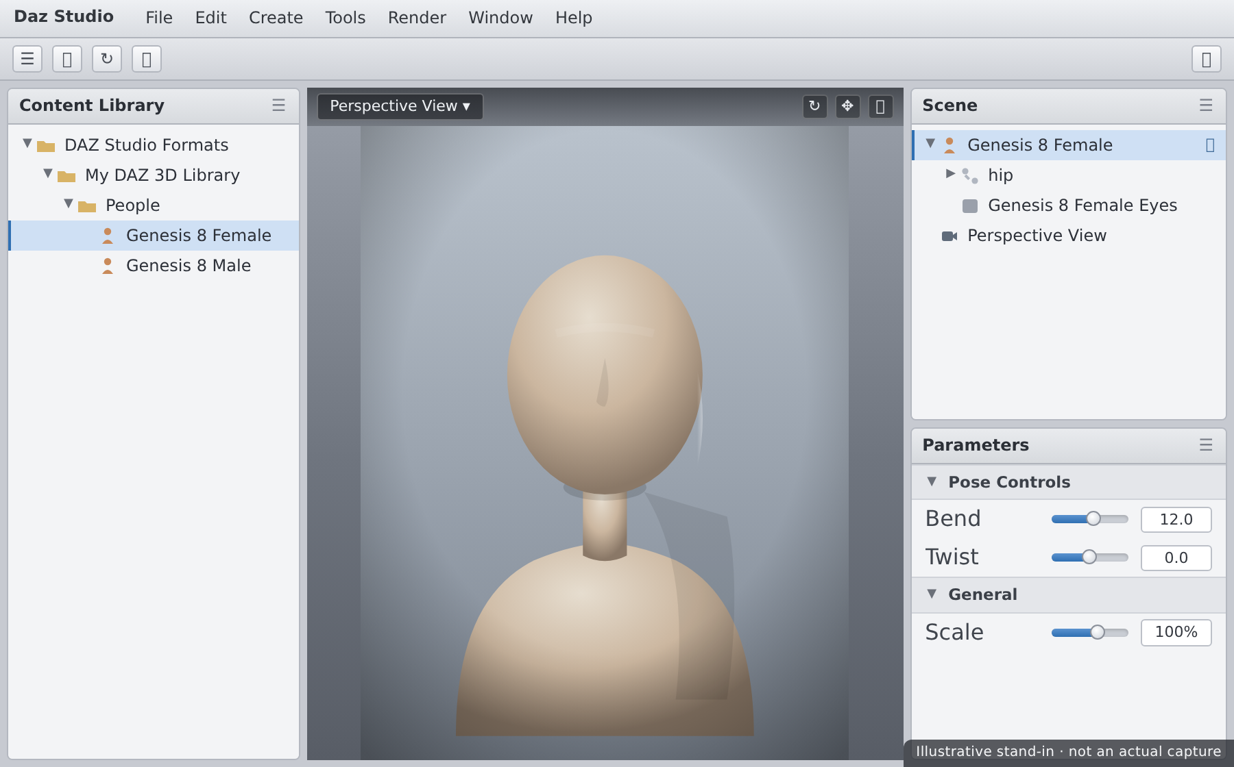 Daz Studio interface with a Genesis figure in the viewport and the main panes visible