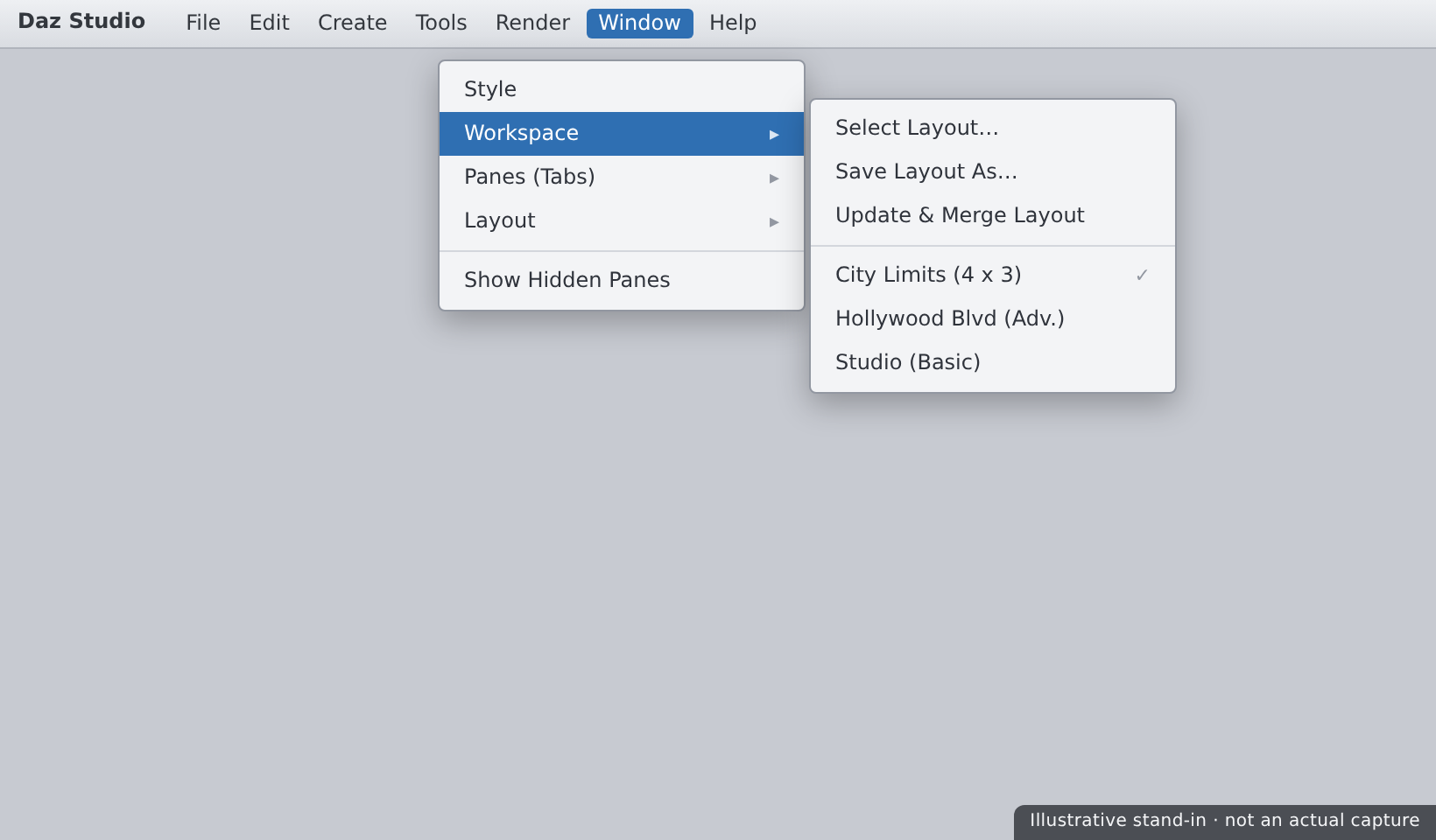 The Window to Workspace menu open, showing Select Layout and Save Layout As with the built-in layout list