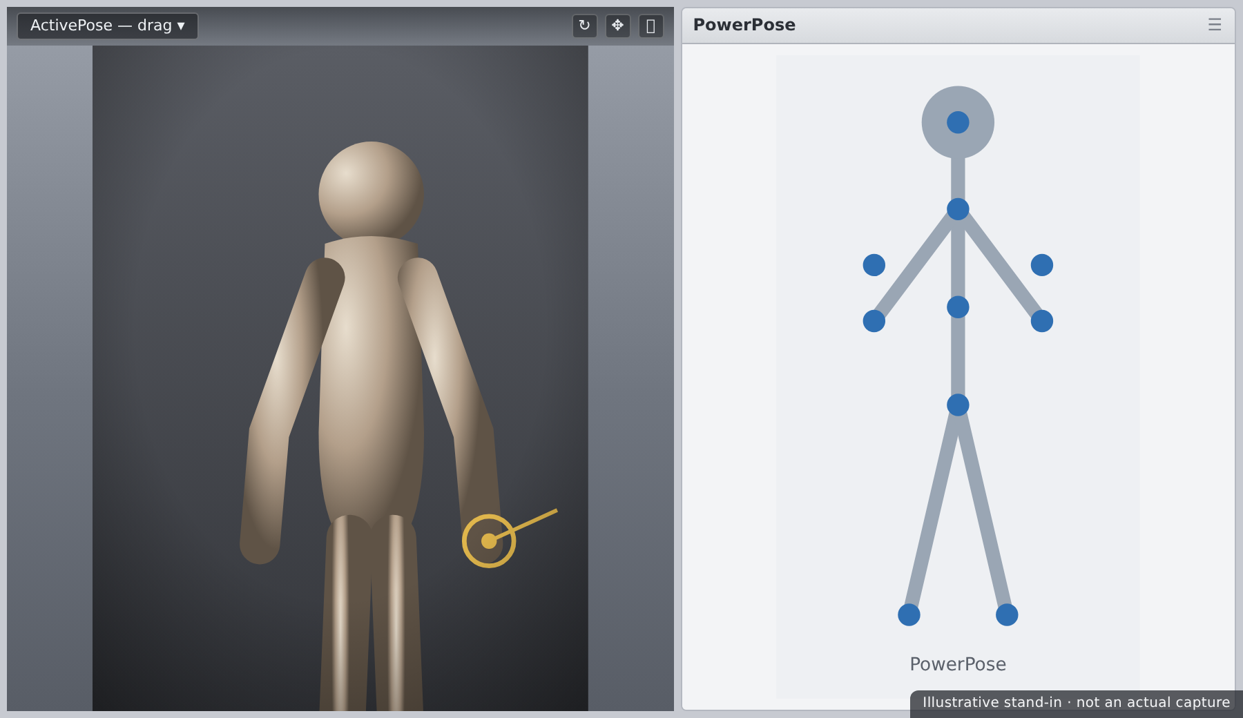 ActivePose dragging a figure's hand beside the PowerPose puppet control map
