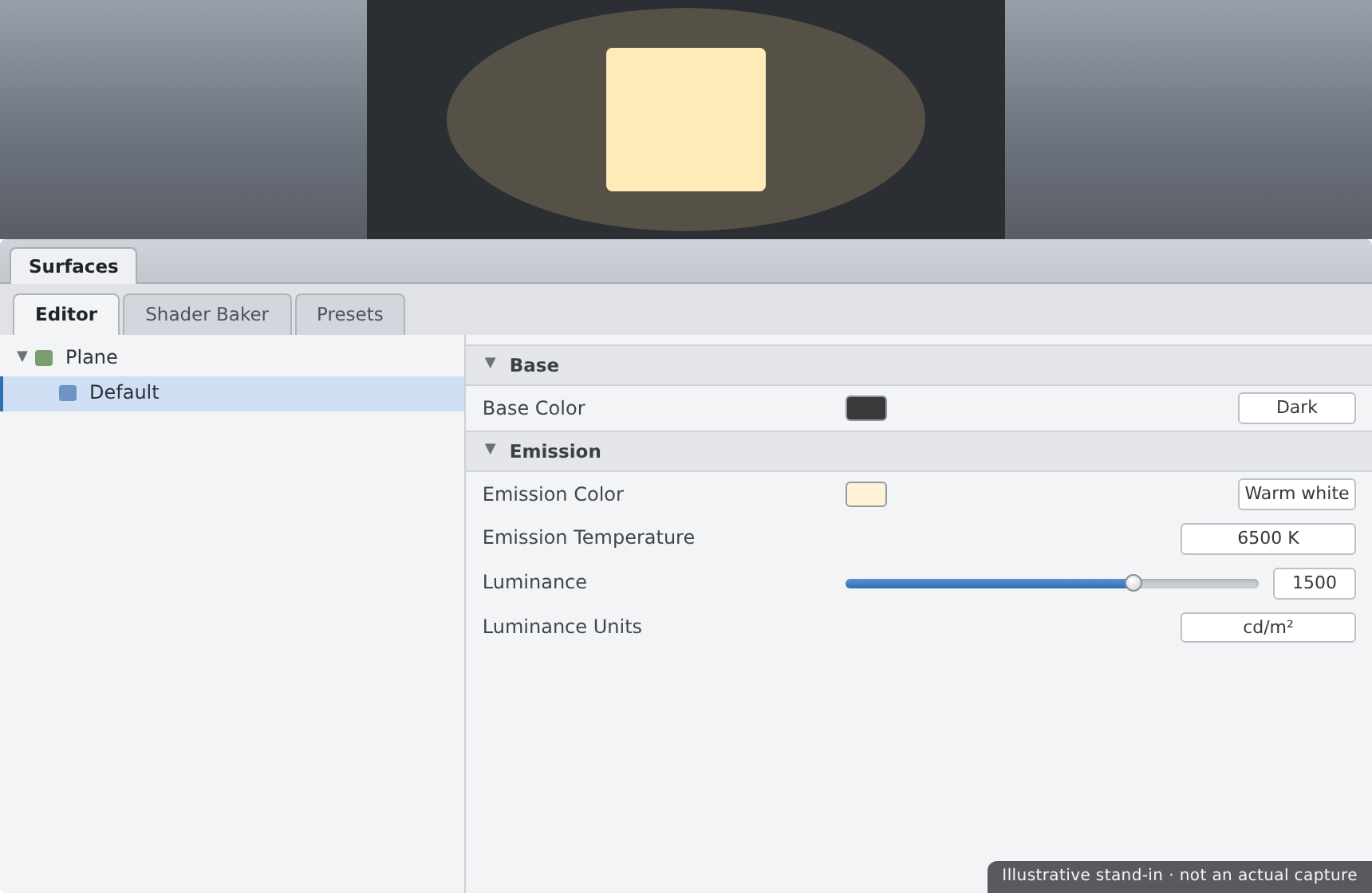 The Surfaces Editor showing a plane's Emission Color and Luminance set to turn it into a mesh light