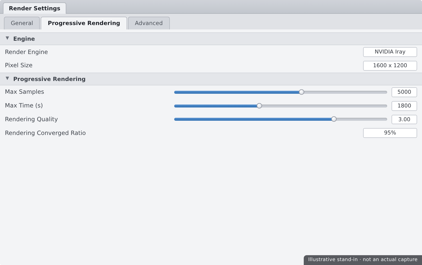 The Render Settings pane, Progressive Rendering tab, showing Max Samples, Max Time, and Rendering Quality with the Iray engine selected