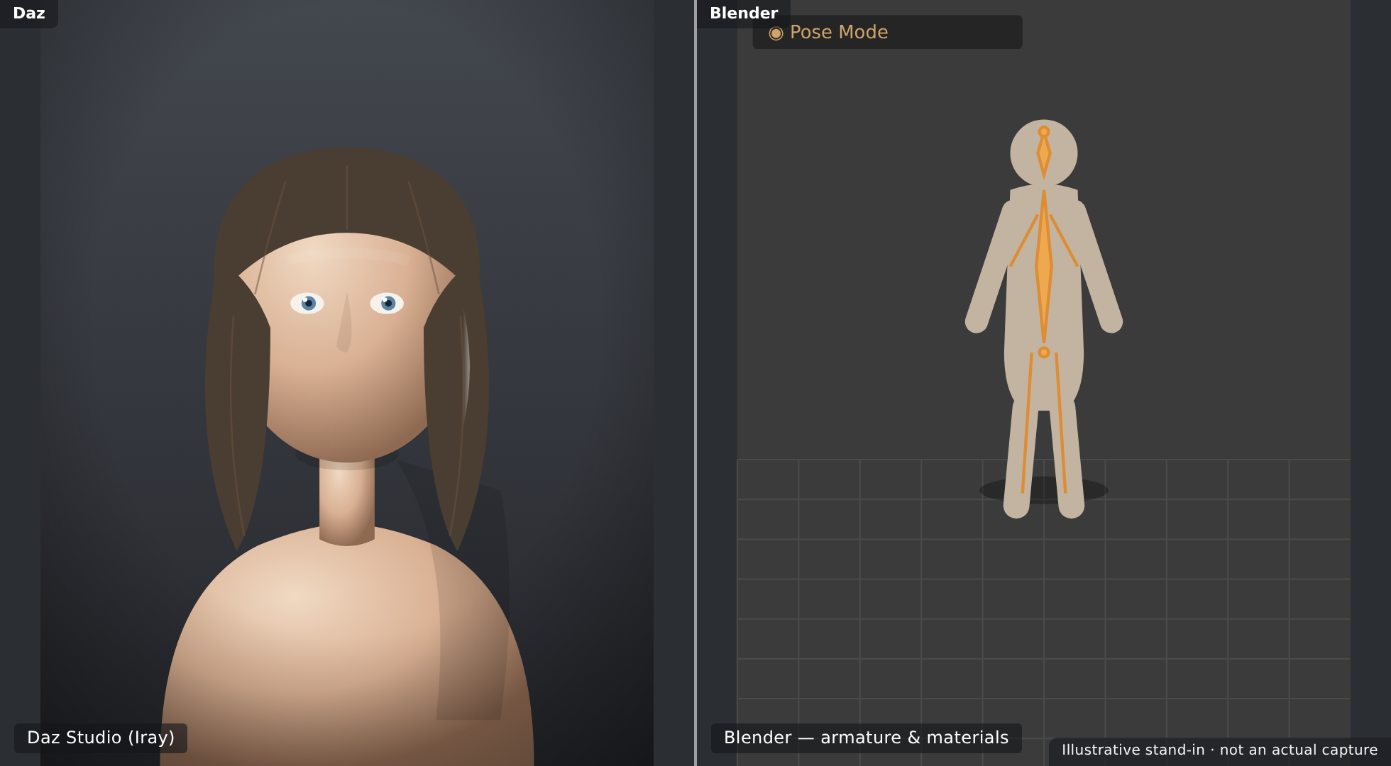 The same Genesis figure in Daz Studio with Iray on the left and imported into Blender with its armature and materials on the right