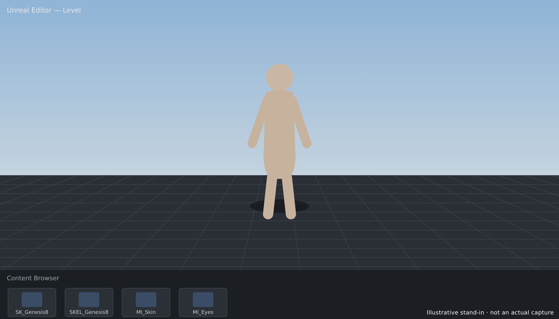 A bridged Daz character standing in an Unreal Engine level, lit in real time, with the Skeletal Mesh and materials visible in the Content Browser
