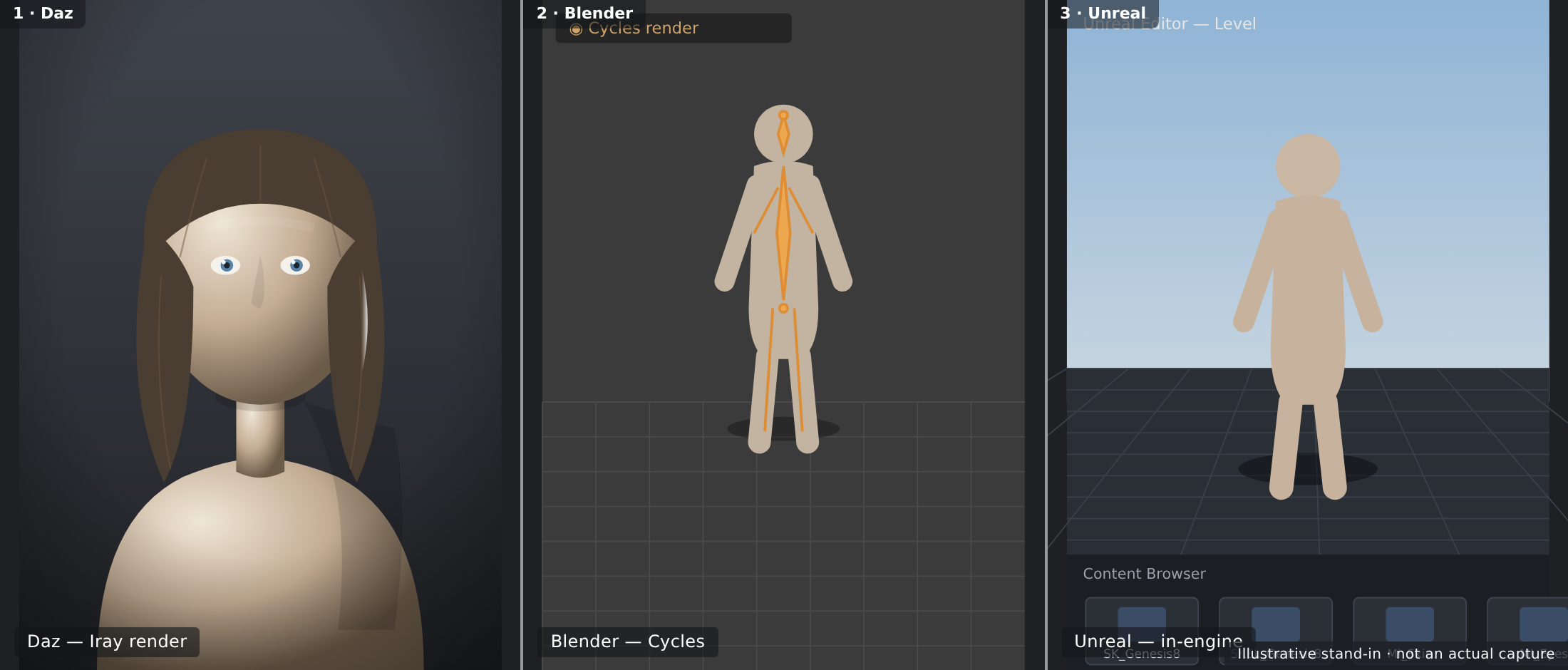 A triptych of the same capstone character in Daz, Blender, and Unreal, each panel labeled, showing one asset across three tools