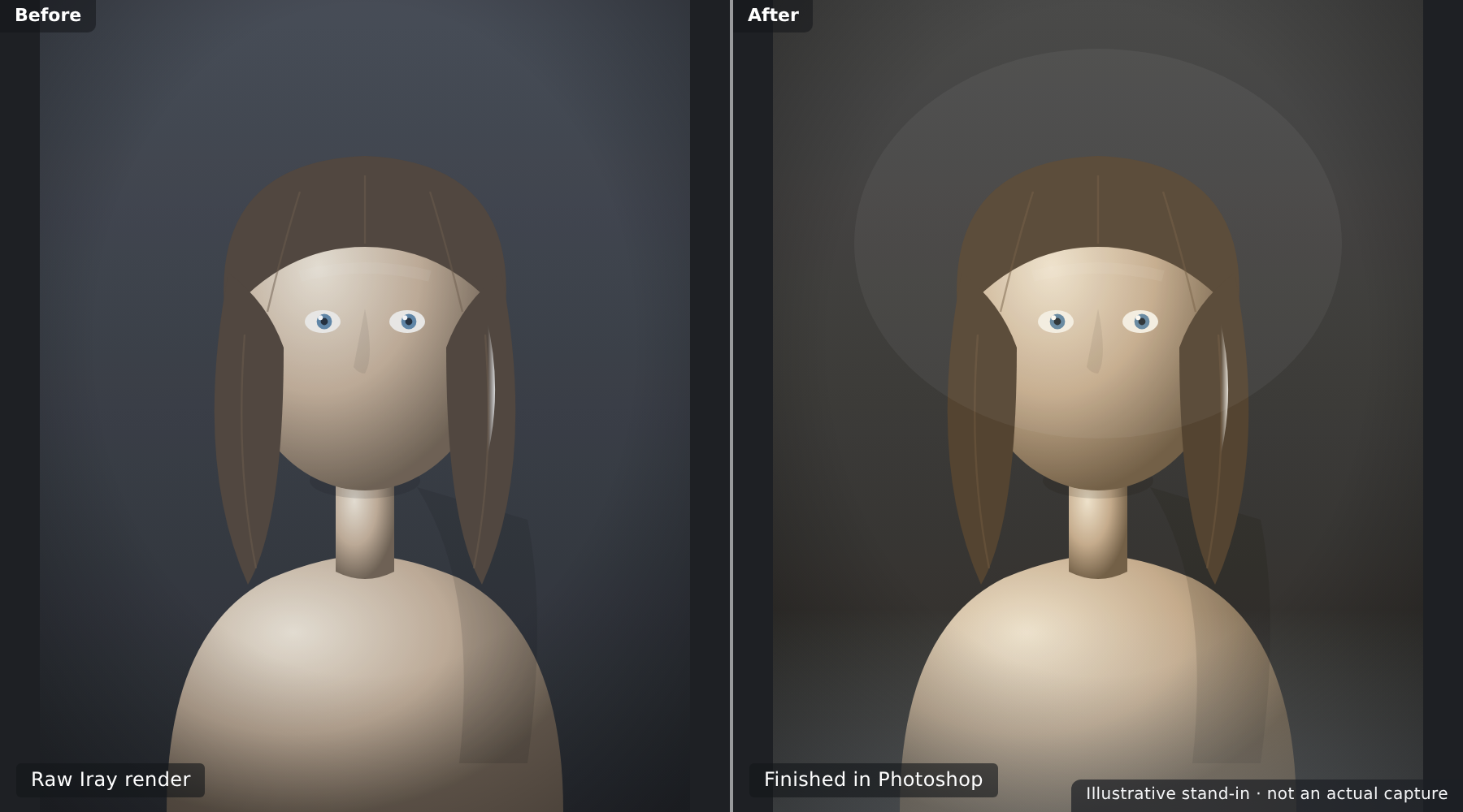 Before and after Photoshop finishing — the raw Iray render on the left looks flat and cool, the finished version on the right is colour-graded warmer with a soft glow, depth atmosphere, and a vignette