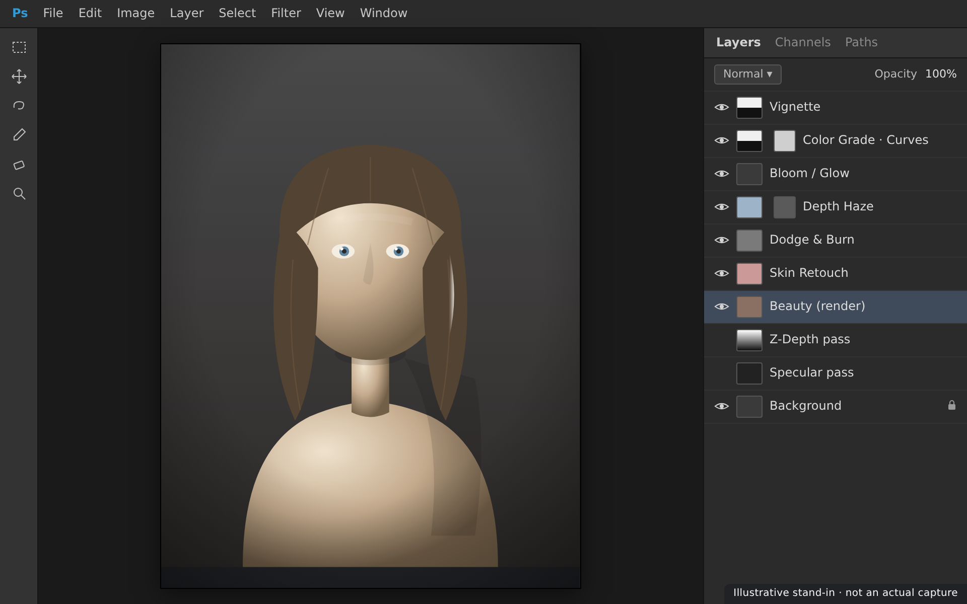 A Photoshop window with the Daz render open, its Layers panel showing the Beauty render at the base beneath render passes and non-destructive adjustment layers for grading, retouch, depth haze, and a vignette